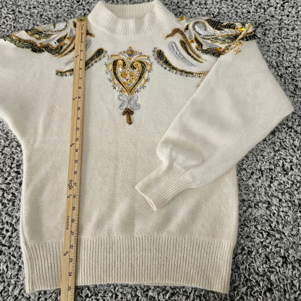 Vintage Cedars Angora Silk Wool Sweater Small Embellished 80s 90s Off White Gold - Picture 13 of 14